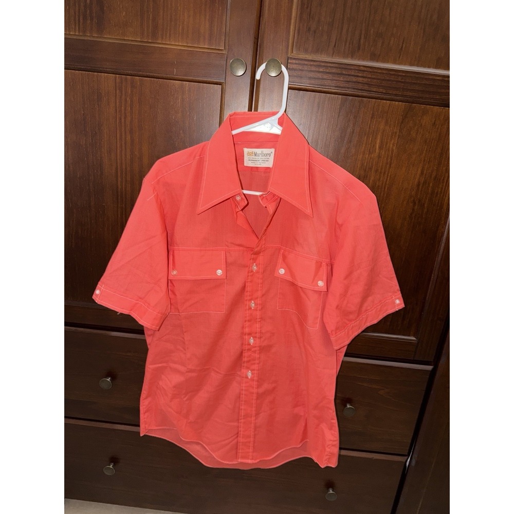 VTG Marlboro Disco Permanent Press Salmon Orange L/S Button Up Shirt 15 M 15.5